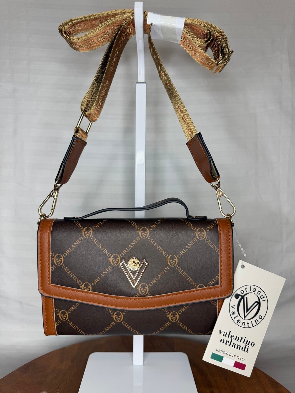 NWT Valentino Orlandi $159 Printed Crossbody Wallet Brown Cognac V-3001